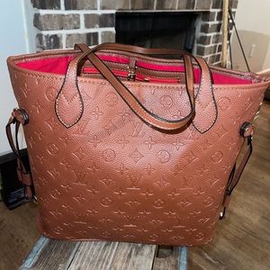 Louis Vuitton print, dark tan w/solid red interior
